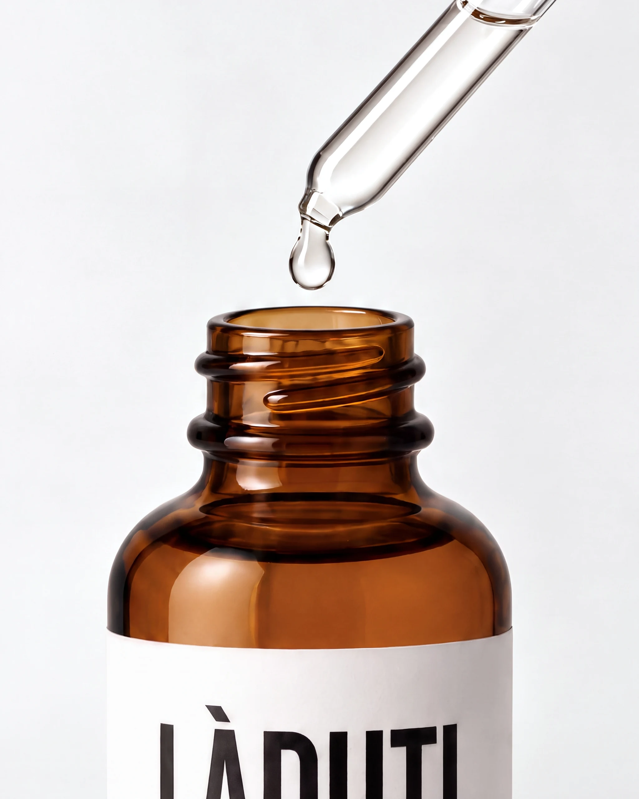 Ein klarer Tropfen Laduti Hair Serum fällt aus der Glaspipette in die Braunglasflasche
