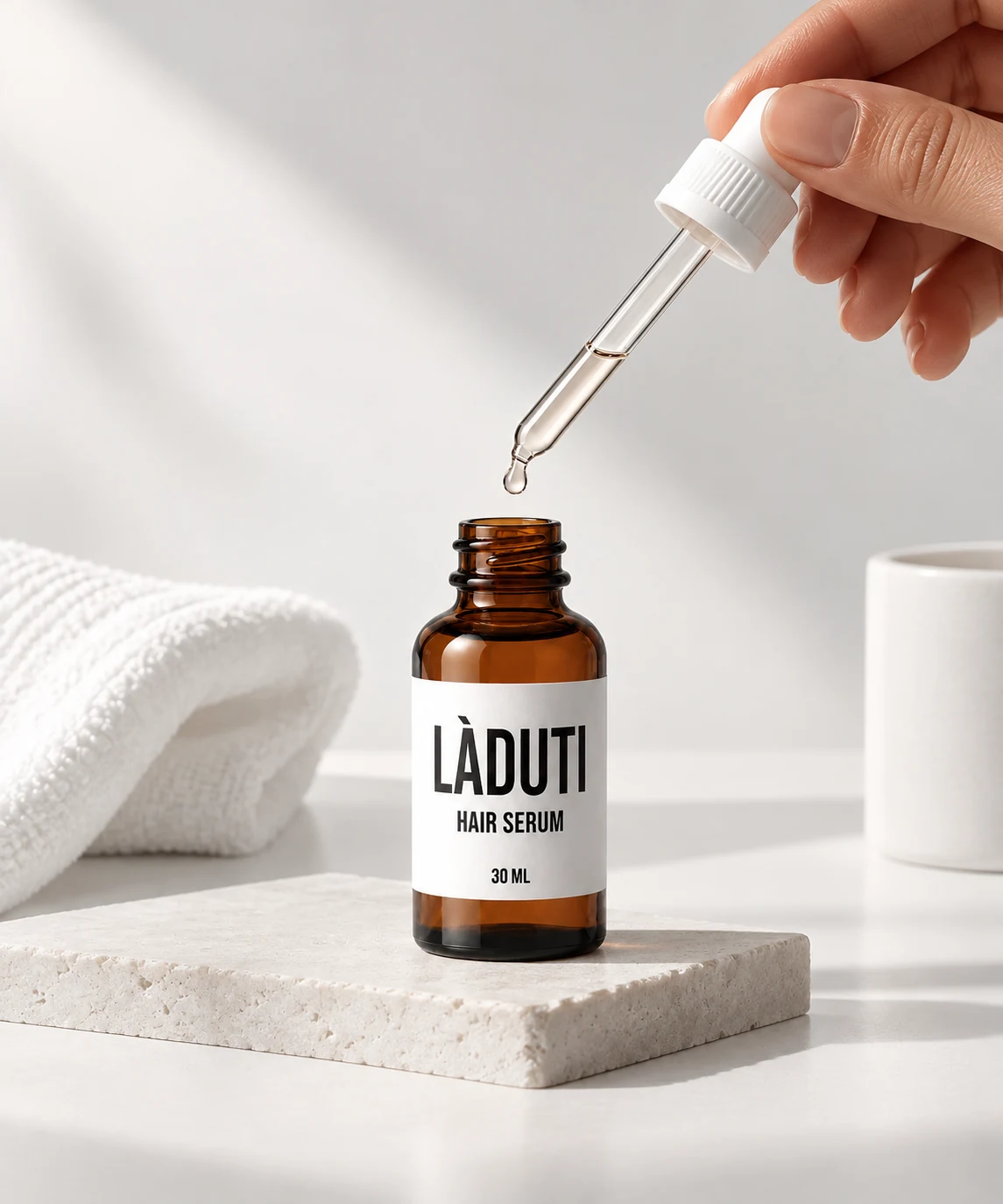Eine Hand hält die Pipette über die geöffnete Flasche Laduti Hair Serum