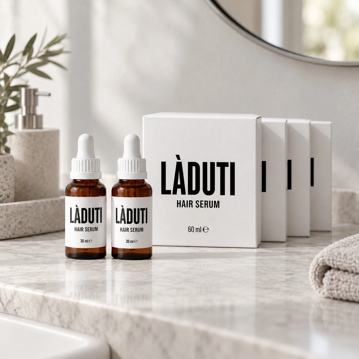 Kauf 4, zahl 3: Laduti Hair Serum, zwei Flaschen vor vier Packungen