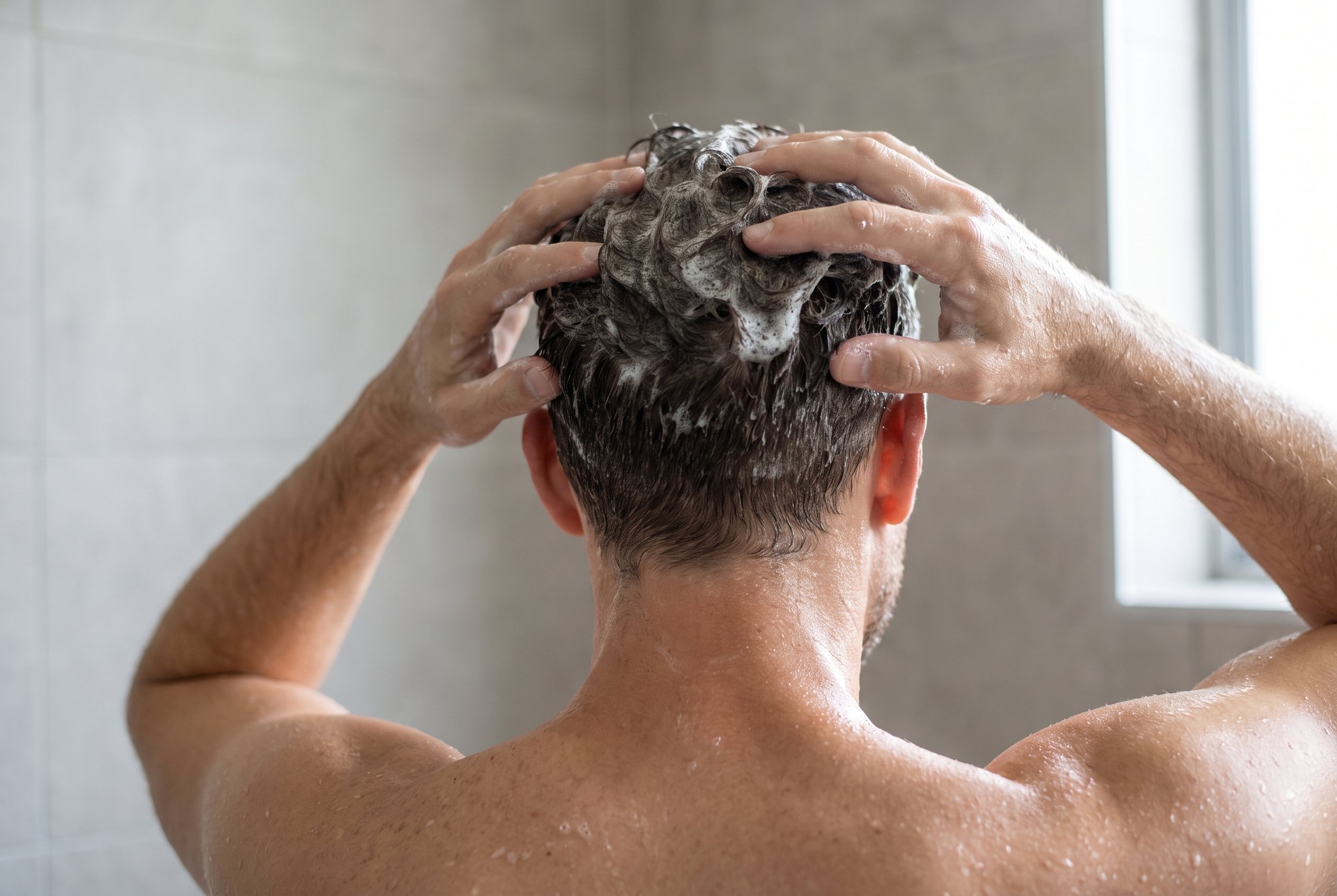 Shampoo wird in der Dusche mit den Fingerspitzen in die Kopfhaut einmassiert