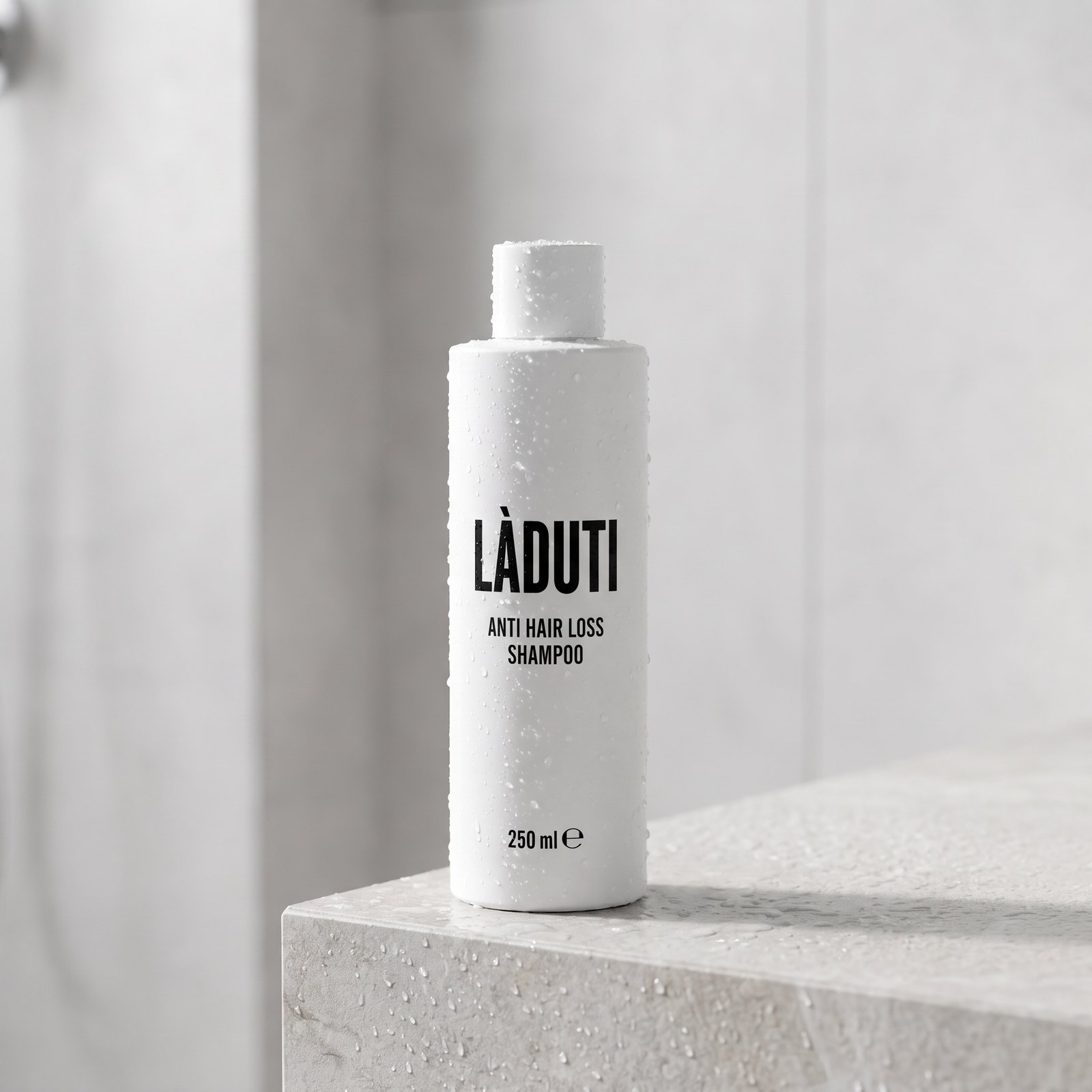 Laduti Anti Hair Loss Shampoo auf einer Duschablage